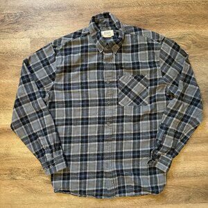 Boston Traders Casual Button Down Mens Large Gray Plaid Rugged Flannel Shirt